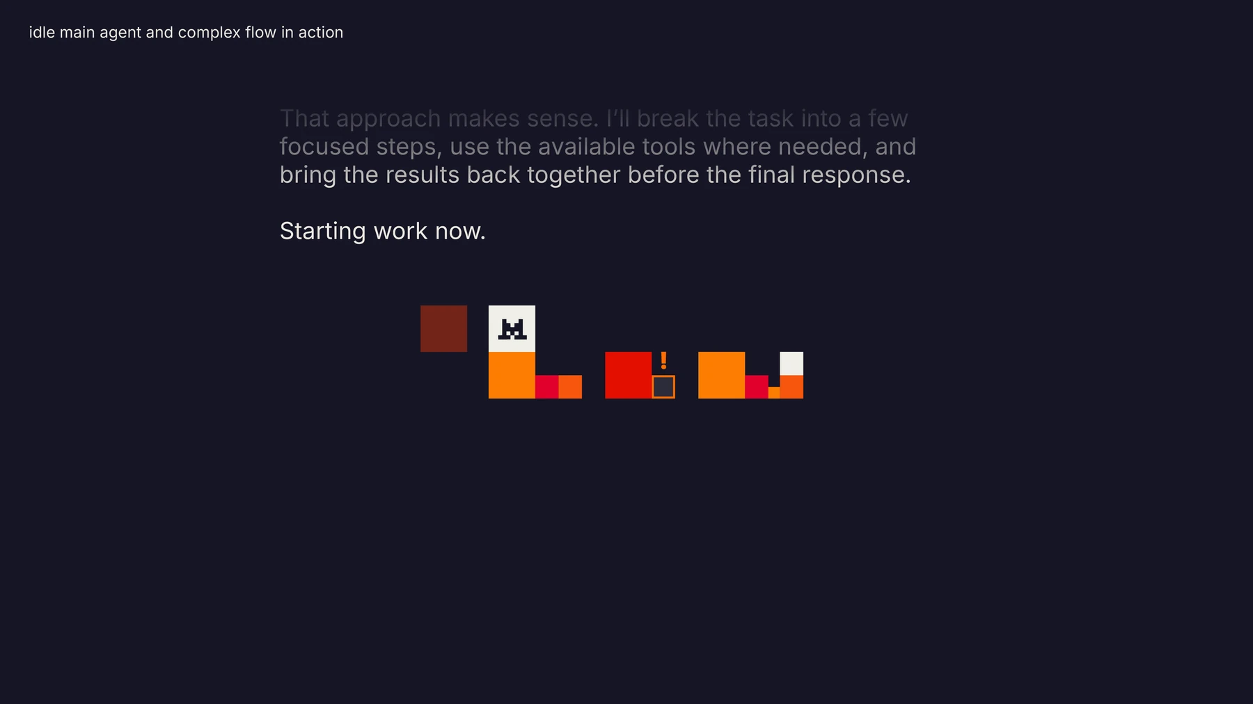 The workflow shown as flat orange squares of two sizes on a dark blue ground, with a tool module attached above one agent