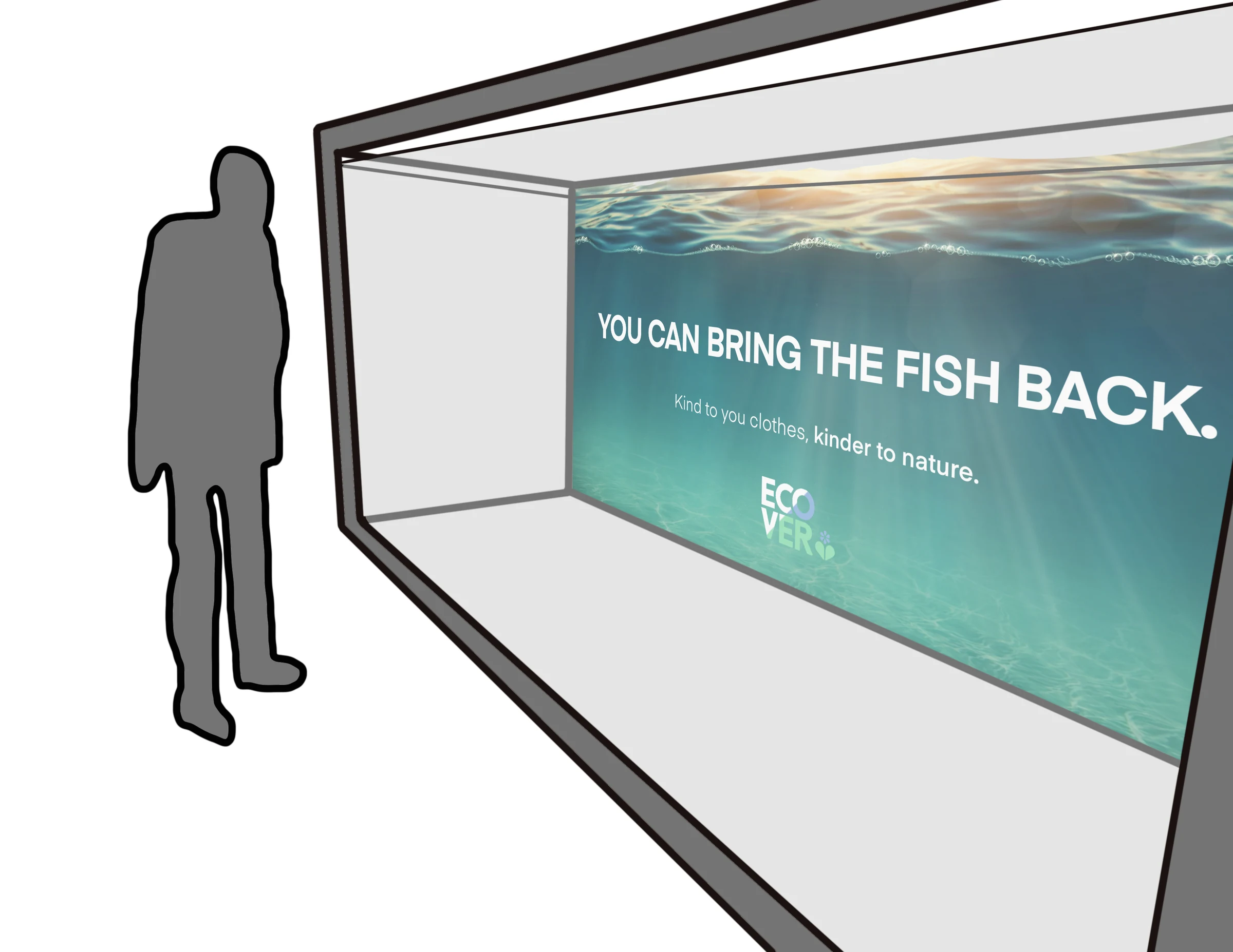 Resolved concept drawing of the Ecover artwork installed across one wall of an aquarium display