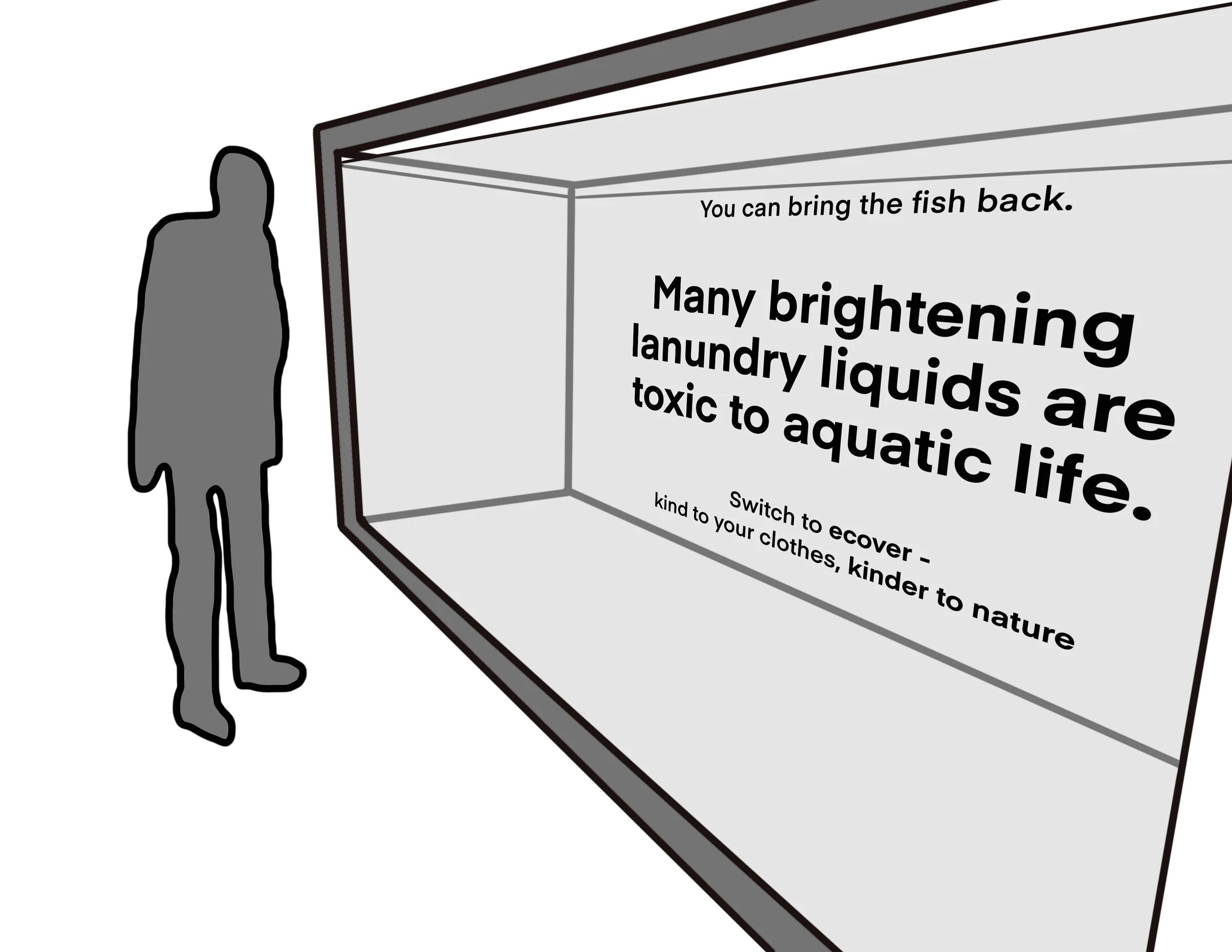 Initial spatial sketch showing a viewer facing warning copy inside an aquarium display