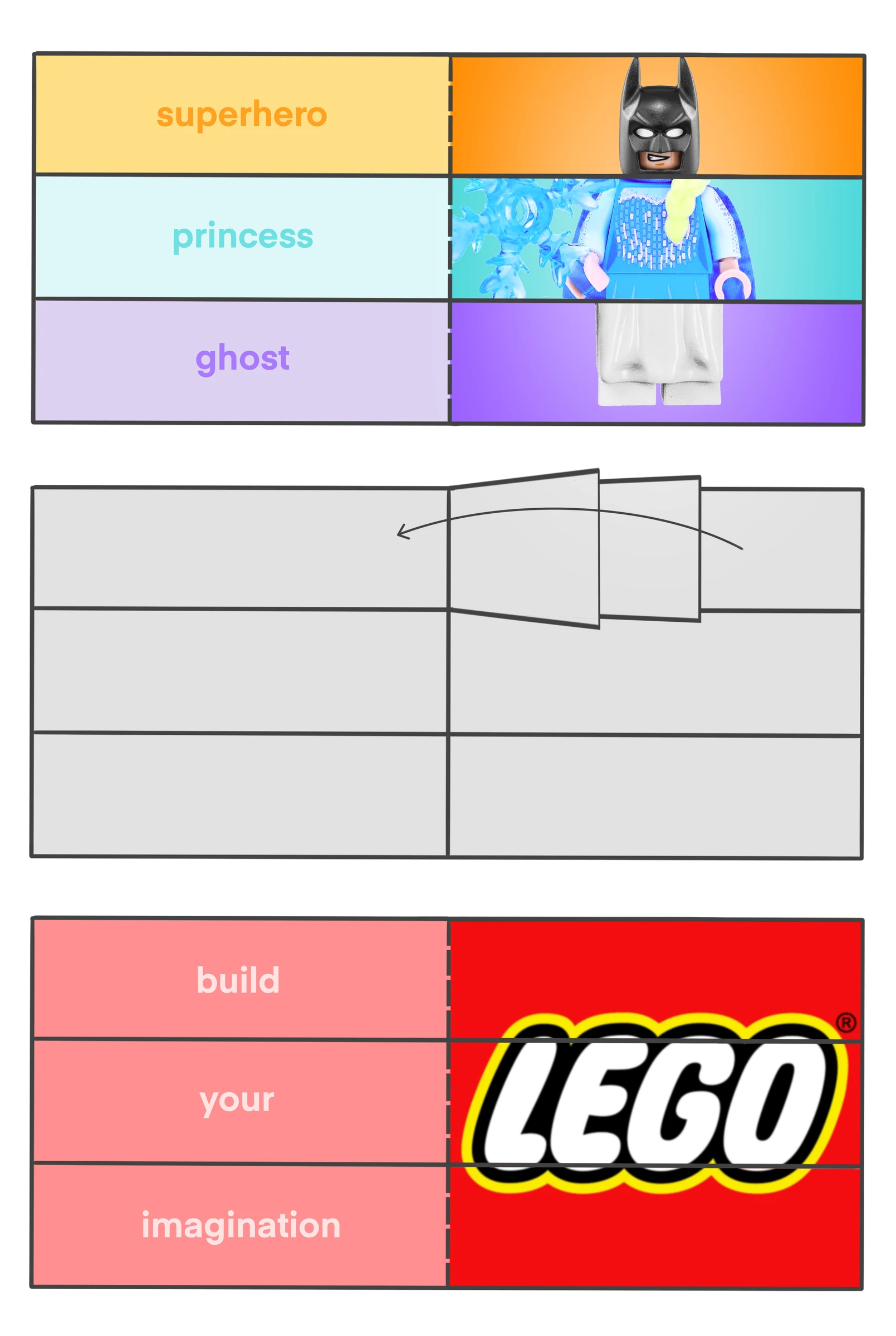 LEGO mailed flipbook concept with mix-and-match character strips and the reverse message Build your imagination