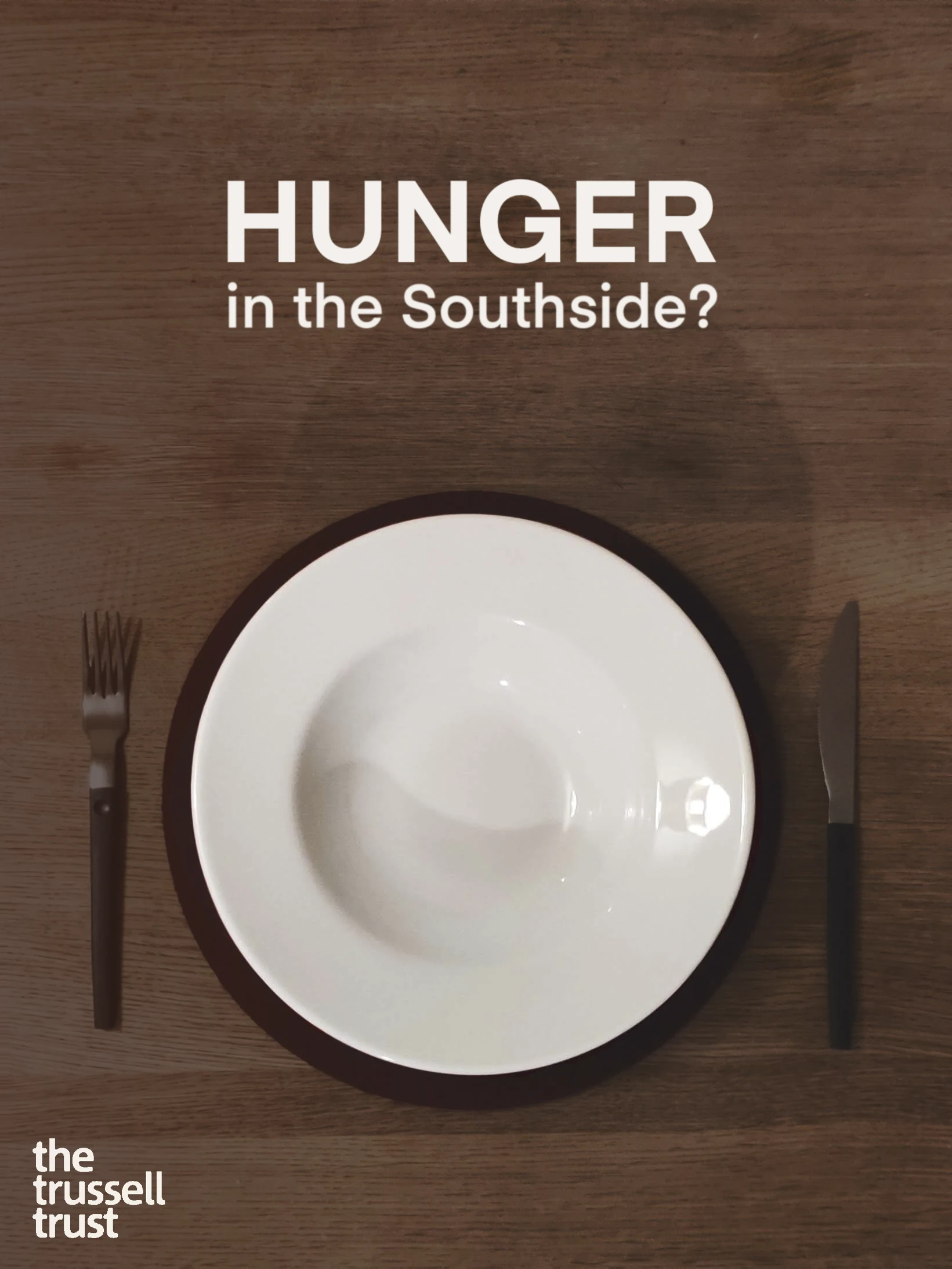 An empty plate photographed from above with the headline Hunger in the Southside?