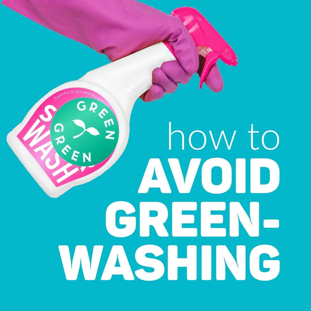 Turquoise social post with a pink-gloved hand holding a spray bottle and the headline How to avoid greenwashing
