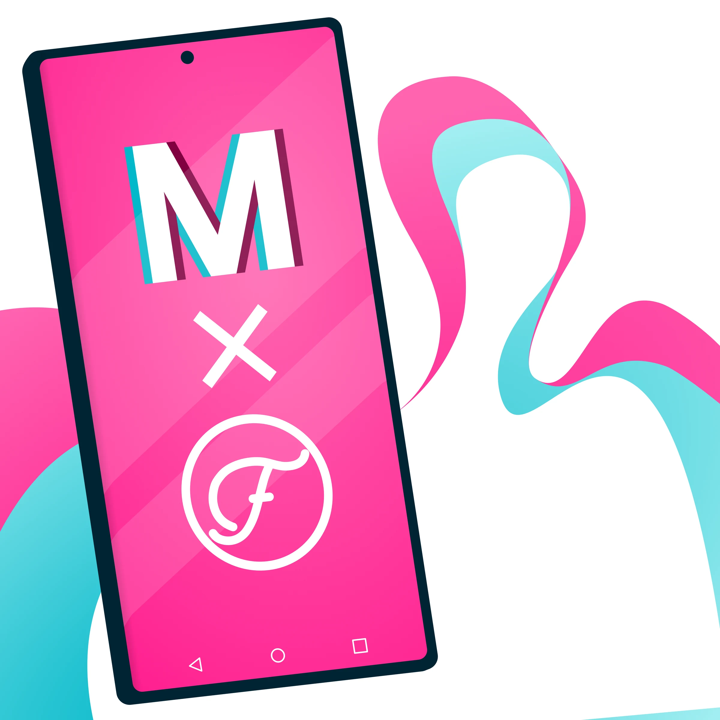 Pink and turquoise collaboration graphic with a phone and flowing ribbons