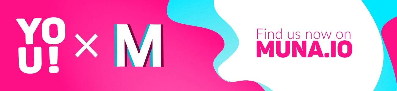 Wide pink, white and turquoise partner banner reading You x M — Find us now on muna.io