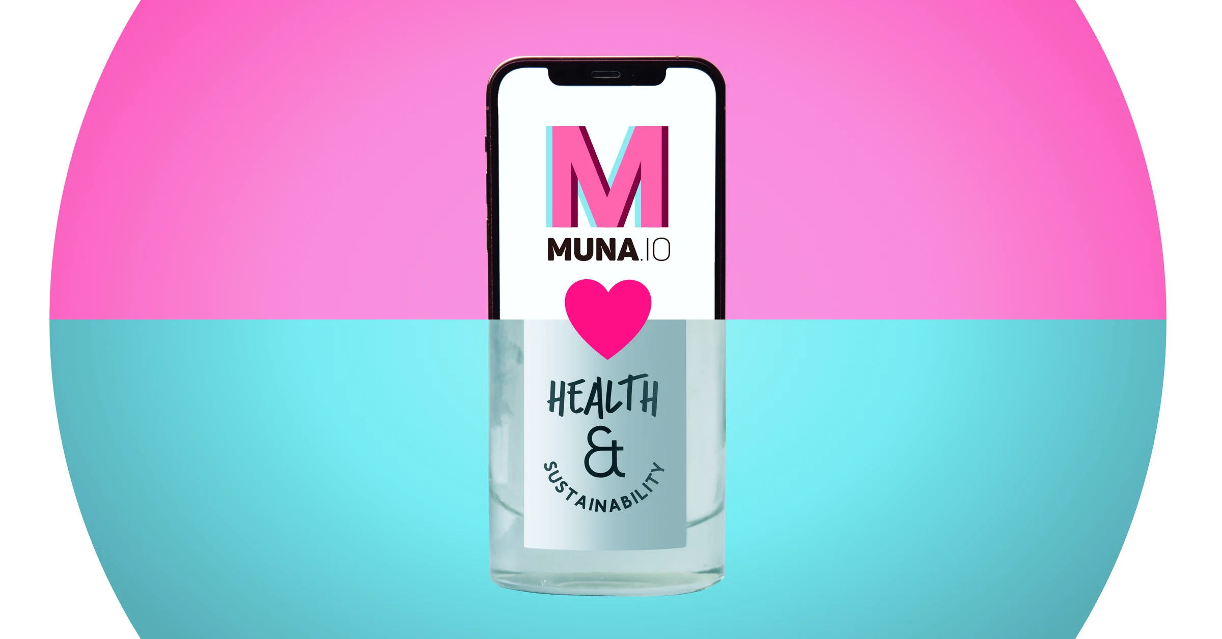 A muna.io phone screen aligned with a health and sustainability product bottle across a pink and turquoise split composition