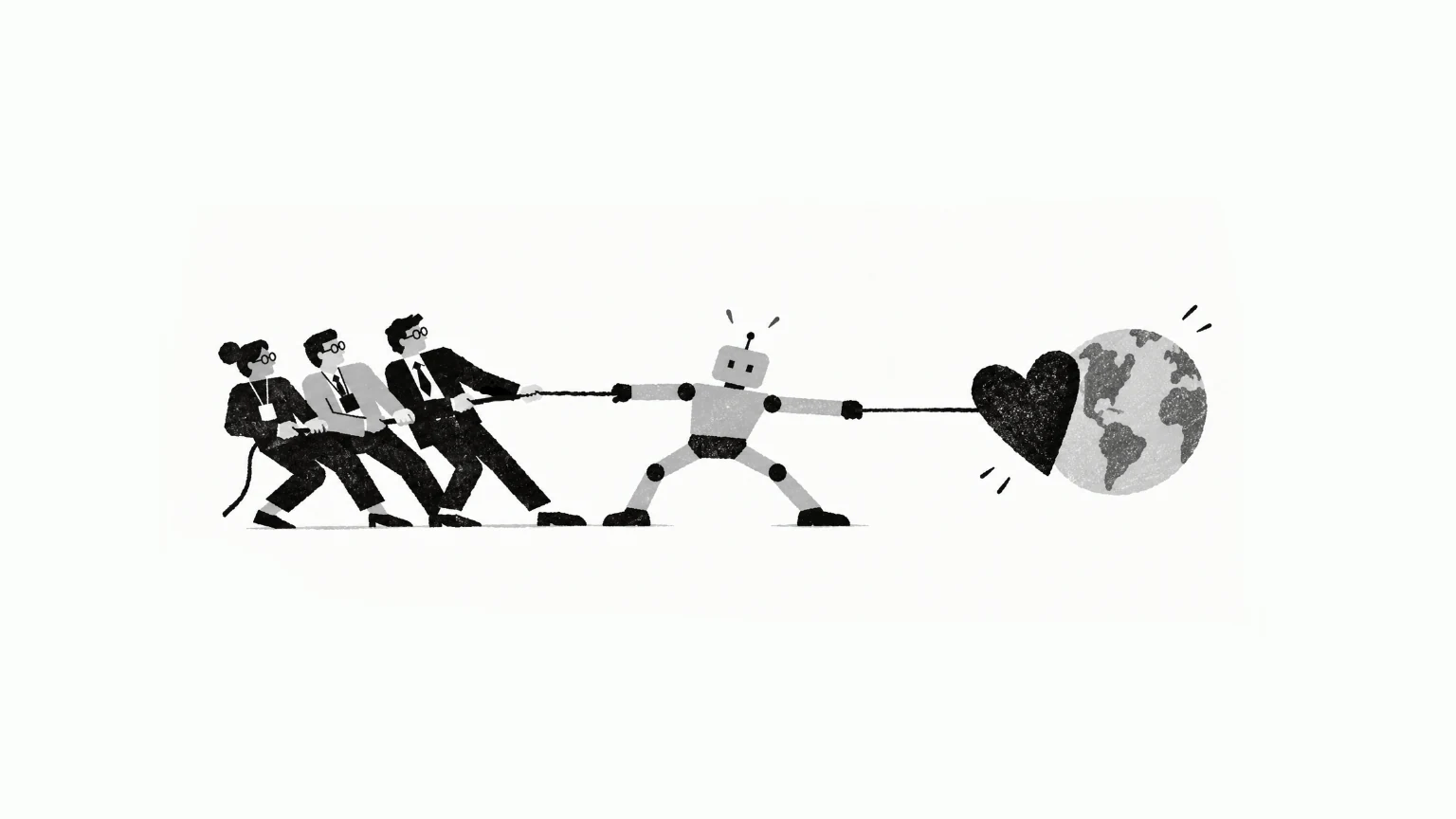 A robot in a tug-of-war between three businesspeople and a heart beside the Earth