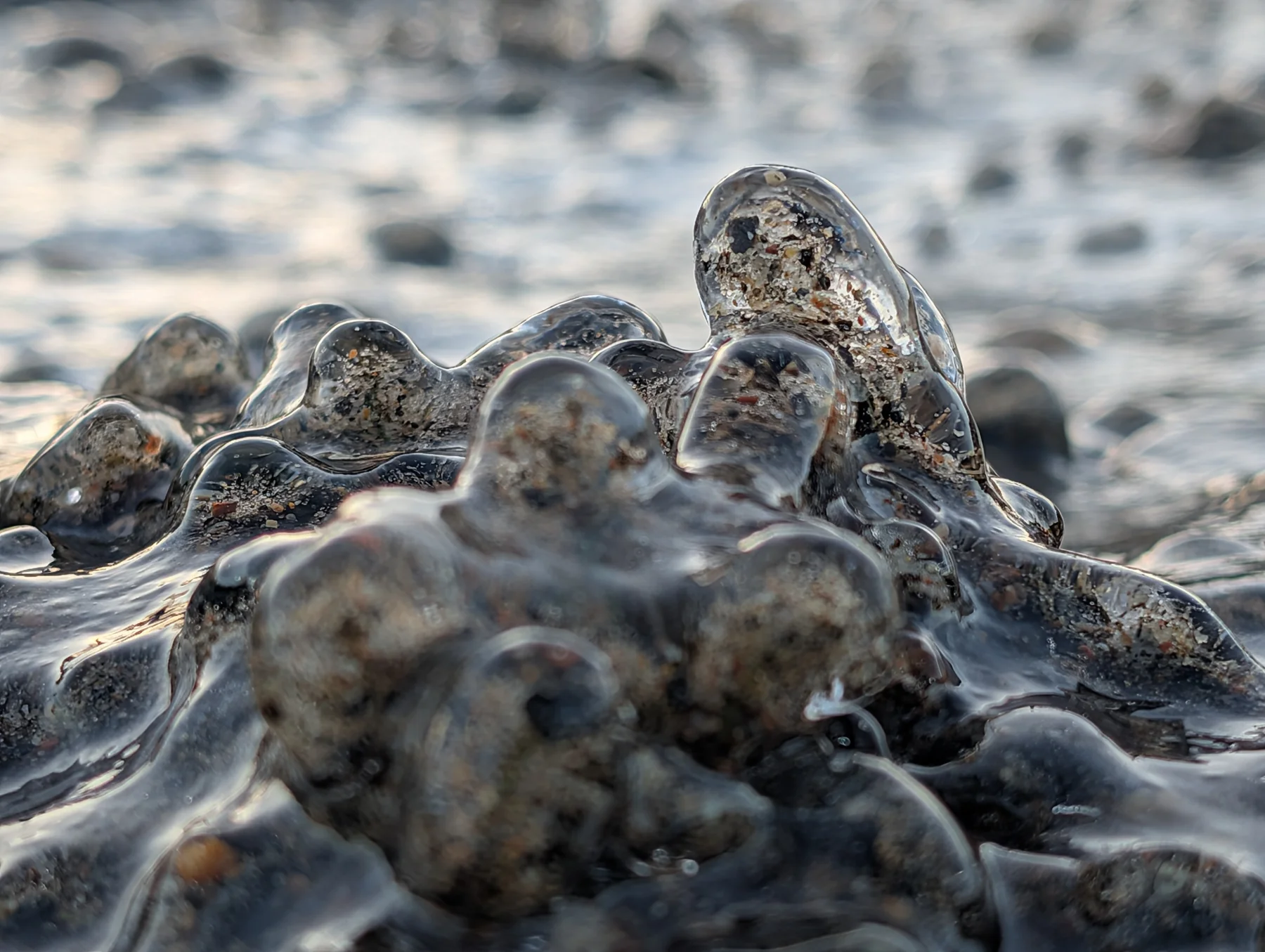 Clear ice shaped around stones