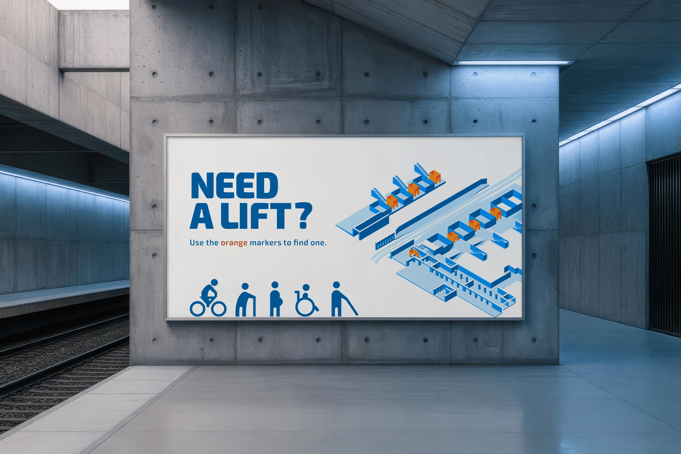 Concept mock-up of a station display showing lift locations in orange alongside accessibility pictograms