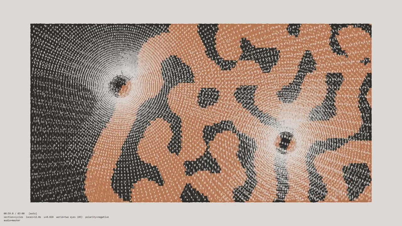 Orange territories spreading through a field of glyphs