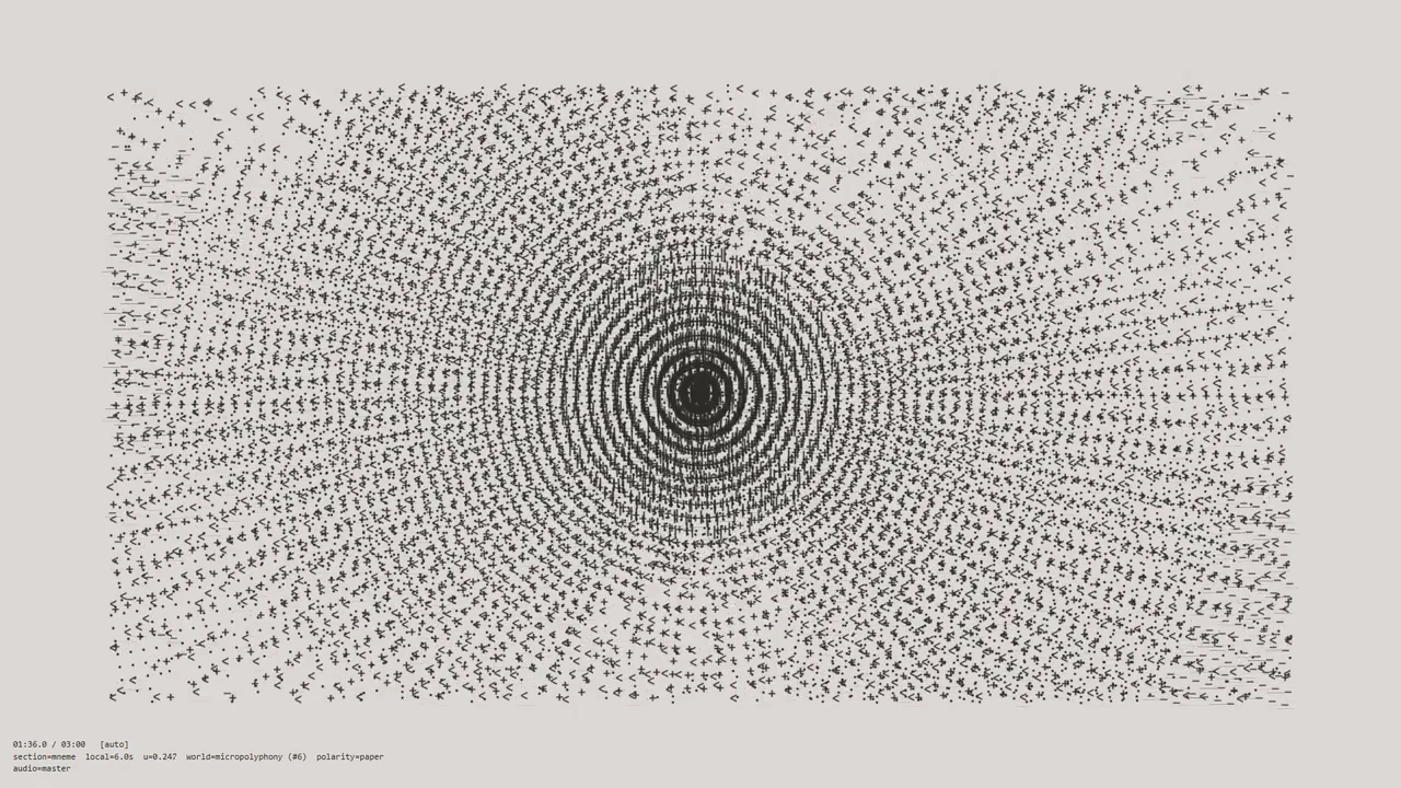 A fine radial spiral of glyphs on a near-white ground