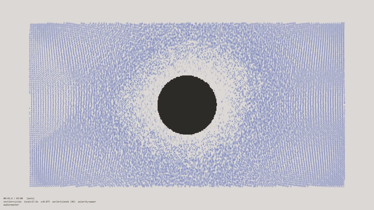 Pale blue glyphs surrounding a solid black circle