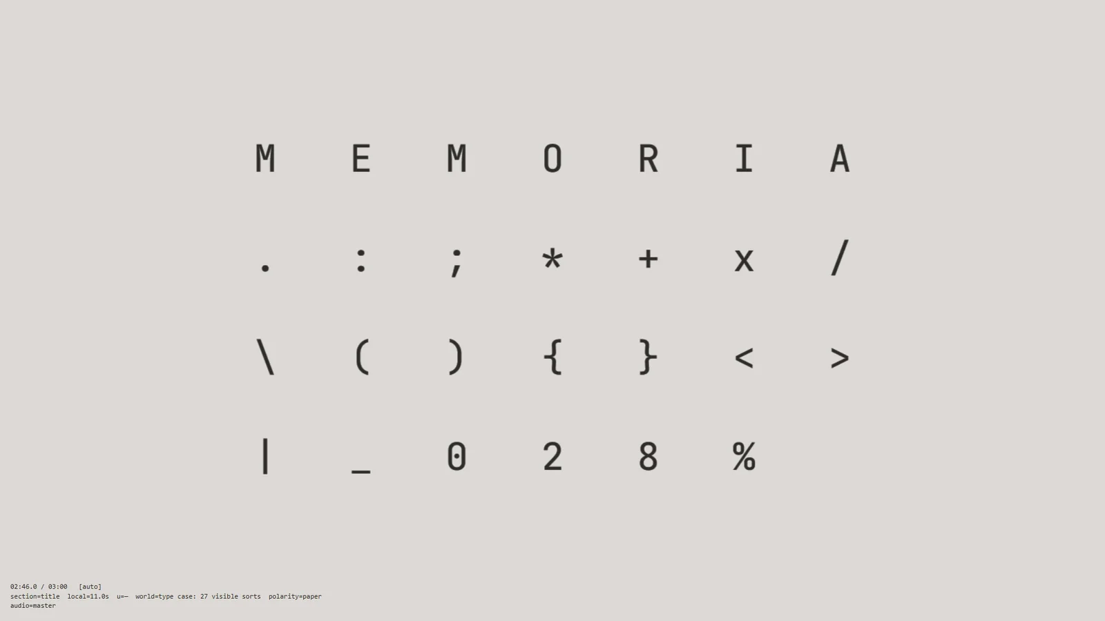 MEMORIA title and the surviving glyph set arranged as a type case